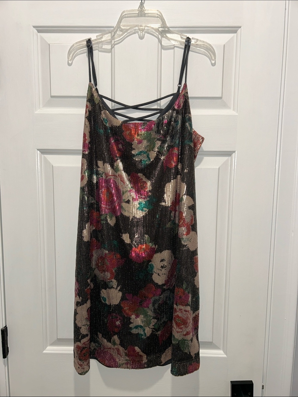 Black Floral Sequin Mini Dress with Strappy Back